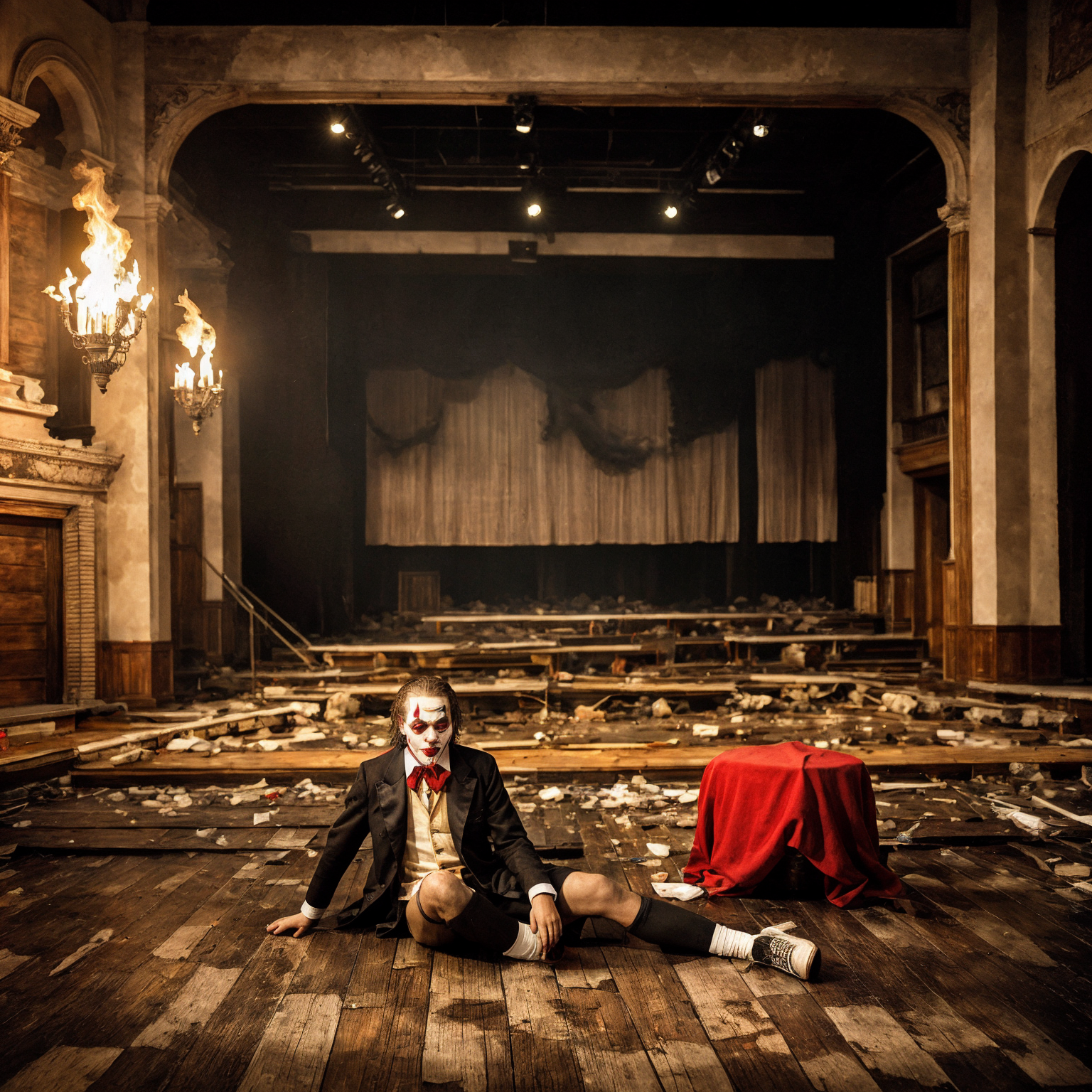 00684-2091766981-5606-professional photo of joker, sitting on theatrical stage of a small provincial theater in ruins, cracked (burning wooden floor_1.png